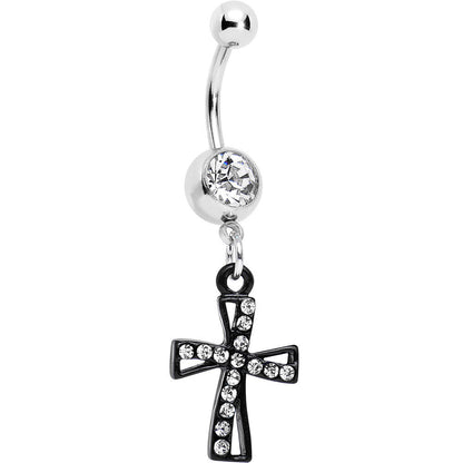 Clear Gem Black Cross Dangle Belly Ring