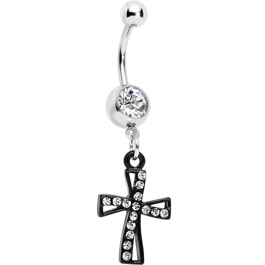 Clear Gem Black Cross Dangle Belly Ring
