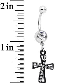 Clear Gem Black Cross Dangle Belly Ring