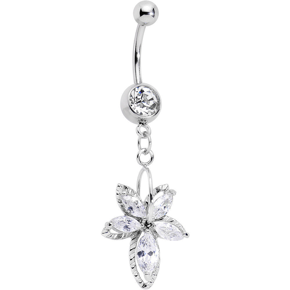 Clear Cubic Zirconia Double Flower Dangle Belly Ring