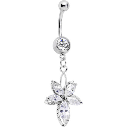 Clear Cubic Zirconia Double Flower Dangle Belly Ring