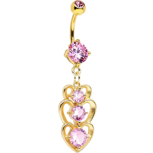Pink Cubic Zirconia Gold PVD Trio of Hearts Dangle Belly Ring