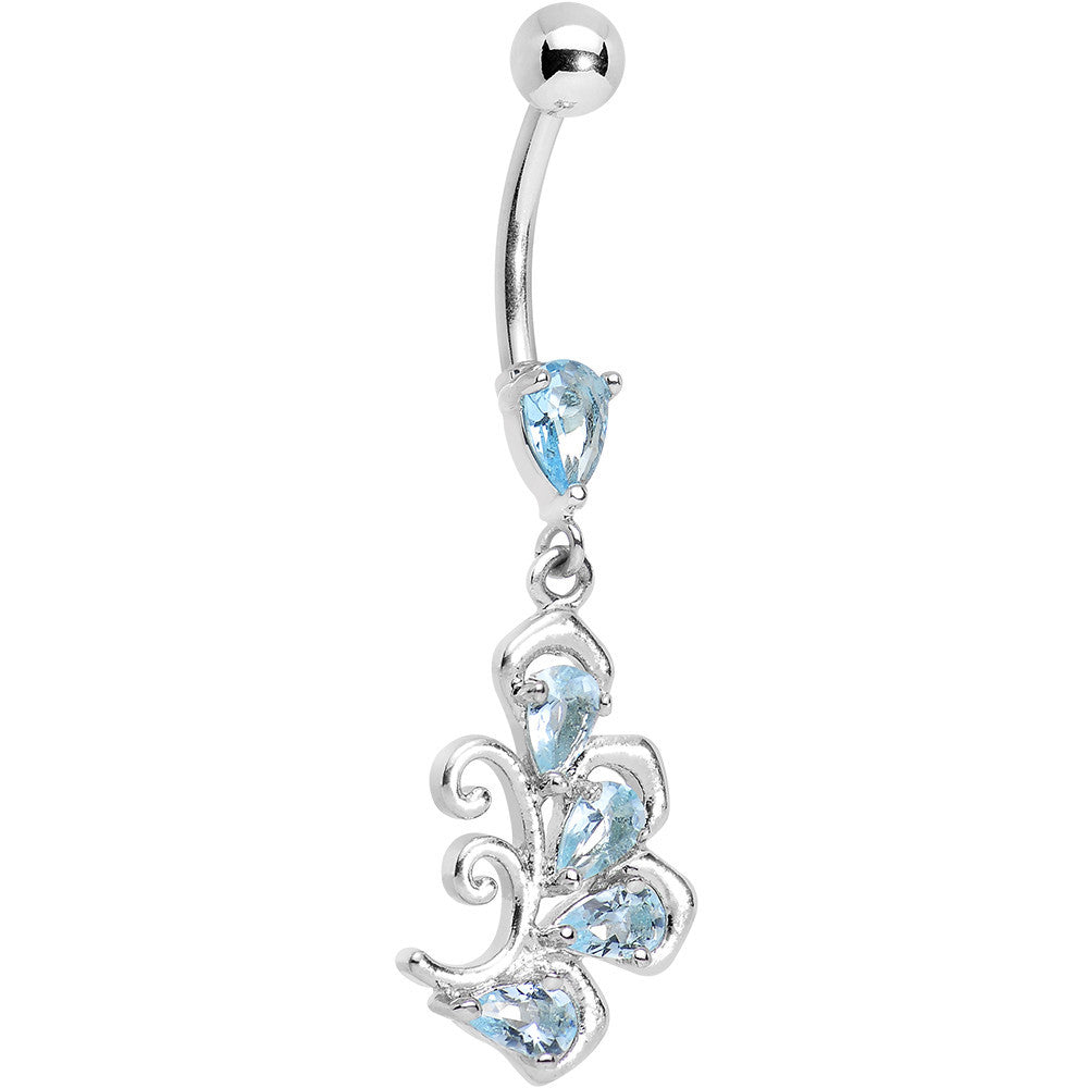 Aqua Cubic Zirconia Palm Leaf Dangle Belly Ring