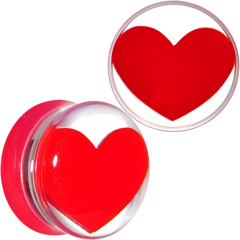 Clear Acrylic Red Heart Double Flare Saddle Plug Set 2G to 20mm