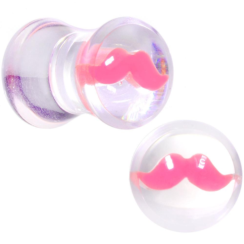 Clear Acrylic Pink Mustache Double Flare Saddle Plug Set 2G to 20mm