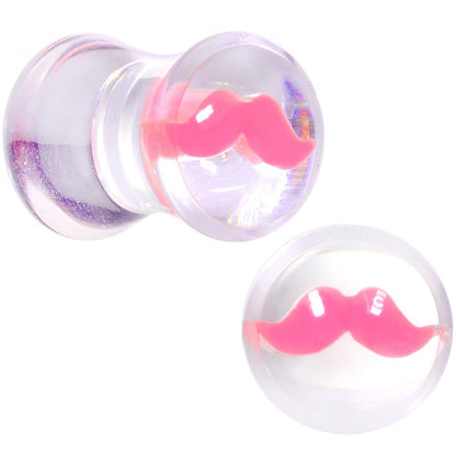 Clear Acrylic Pink Mustache Double Flare Saddle Plug Set 2G to 20mm