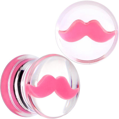 Clear Acrylic Pink Mustache Double Flare Saddle Plug Set 2G to 20mm