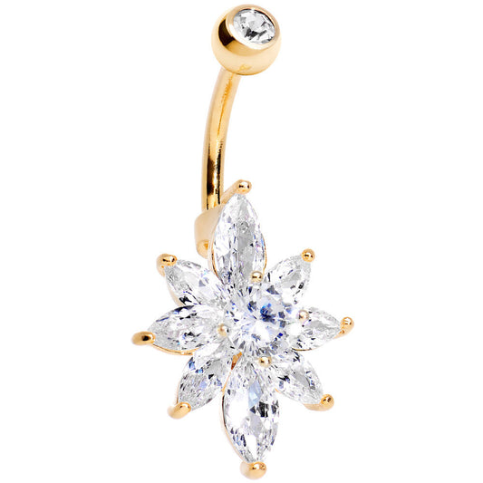 Clear Cubic Zirconia 14k Gold Plated Marquise Petals Flower Belly Ring