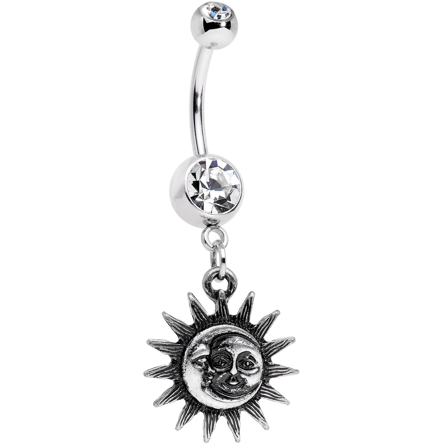 Clear Gem Sun Meets Moon Celestial Dangle Belly Ring