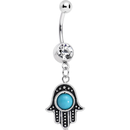 Clear Gem Aqua Orb Hamsa Hand Dangle Belly Ring