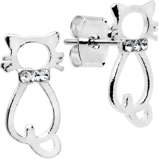Clear Gemmed Collar Kitty Cat Stud Earrings