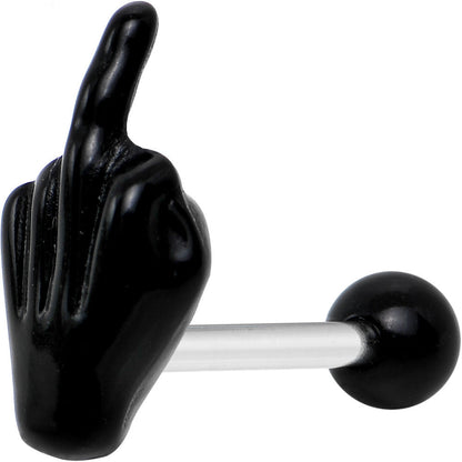 14G 5/8 Black Acrylic Flip the Middle Finger Barbell Tongue Ring