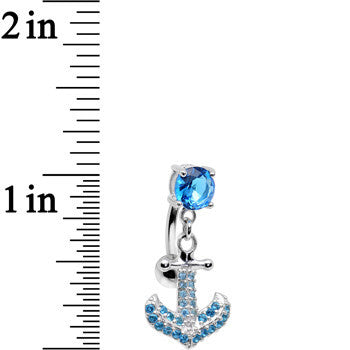 925 Sterling Silver Aqua Jeweled Anchor Top Mount Dangle Belly Ring