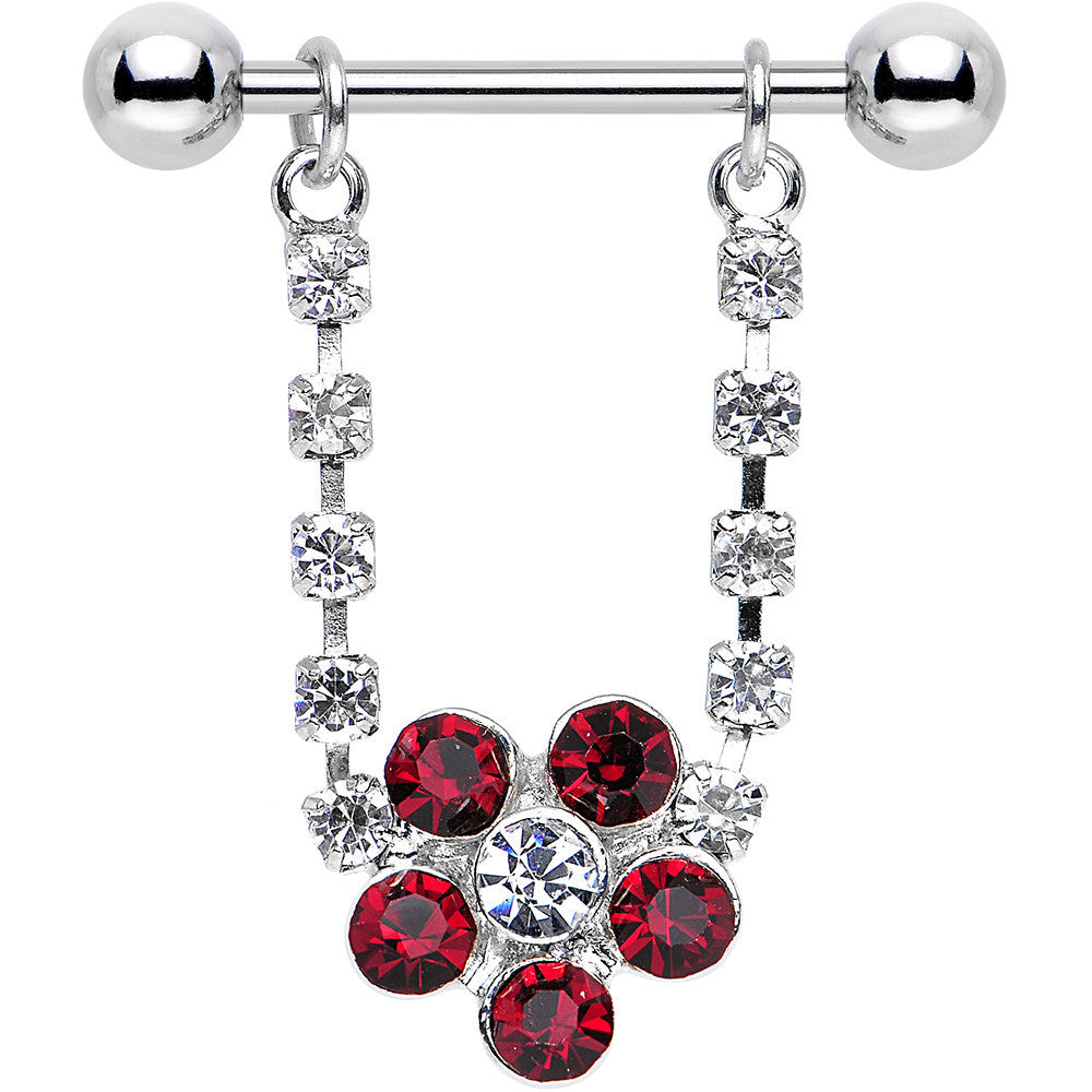 14G 3/4 Red and Clear Gem Tantalizing Flower Dangle Nipple Ring