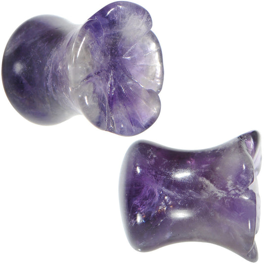 0G Natural Amethyst Stone Carved Flower Saddle Plug Set