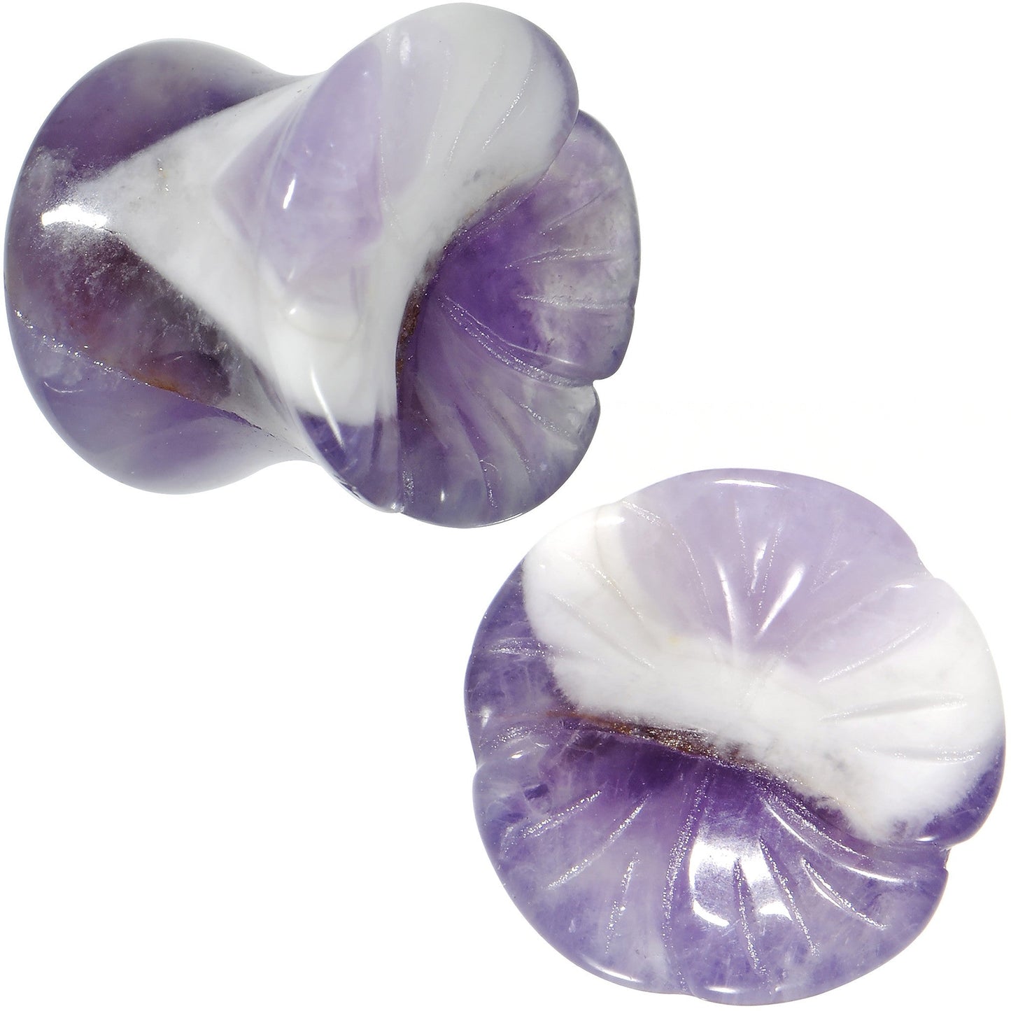 00G Natural Amethyst Stone Carved Flower Saddle Plug Set