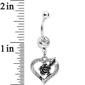 Clear Gem Tattoo Rose Flower in a Hollow Heart Dangle Belly Ring