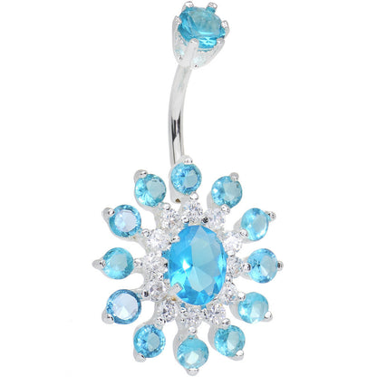 925 SilverClear Blue CZ Mandala Flower Bottom Mount Belly Ring
