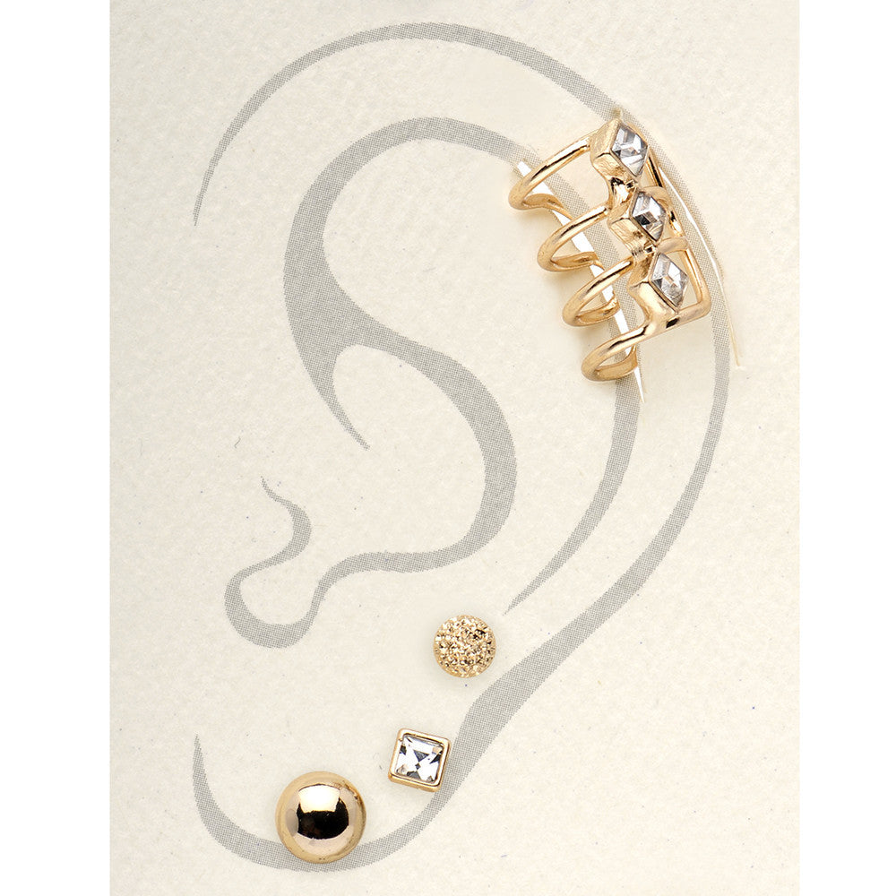 Gold Tone Clear Ball Stud Earrings and Triple Clear Ear Cuff Set