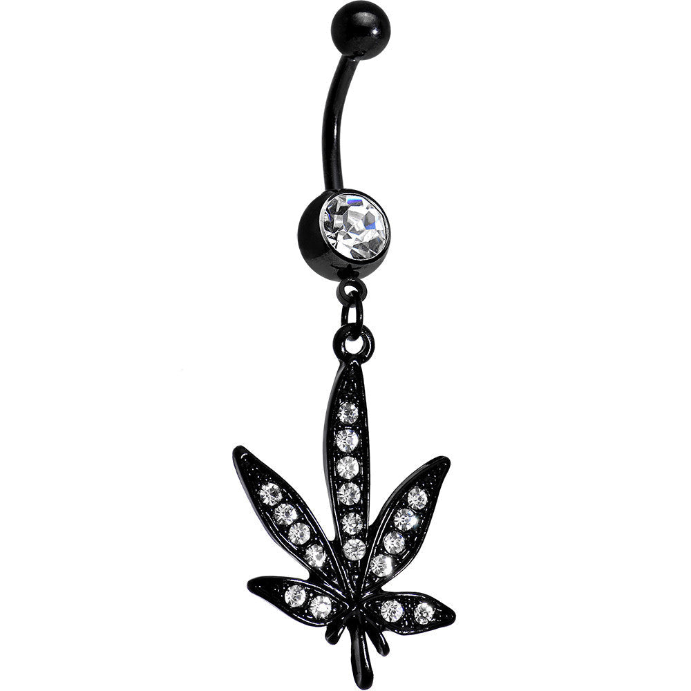 Clear Gem Black Anodized Marijuana Leaf Dangle Belly Ring