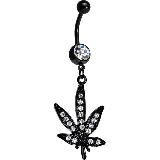 Clear Gem Black Anodized Marijuana Leaf Dangle Belly Ring