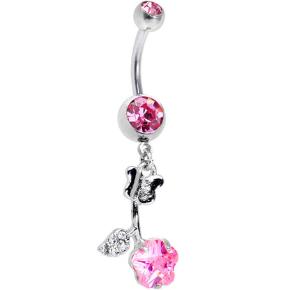 Clear and Pink Gem Delicate Rose Flower Dangle Belly Ring