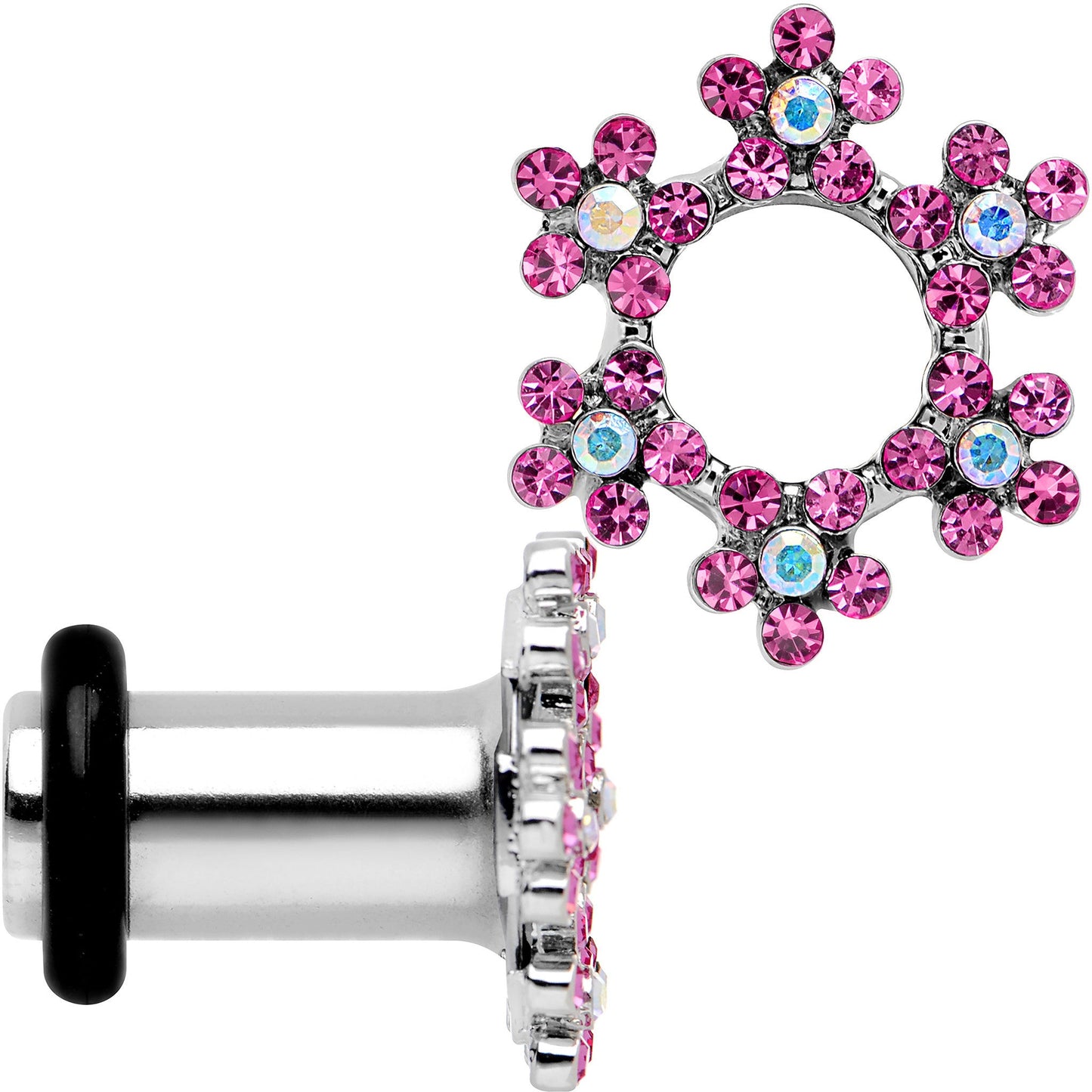 4G Pink and Aurora Gem Snowflake Steel Tunnel Plug Set
