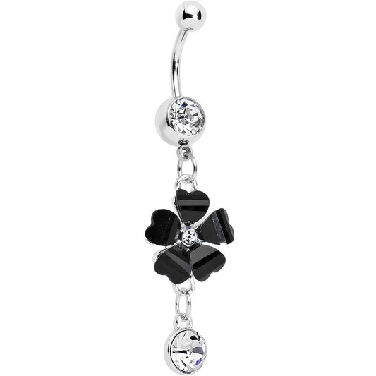Clear Czech Stone Black Petals Flower of Love Dangle Belly Ring