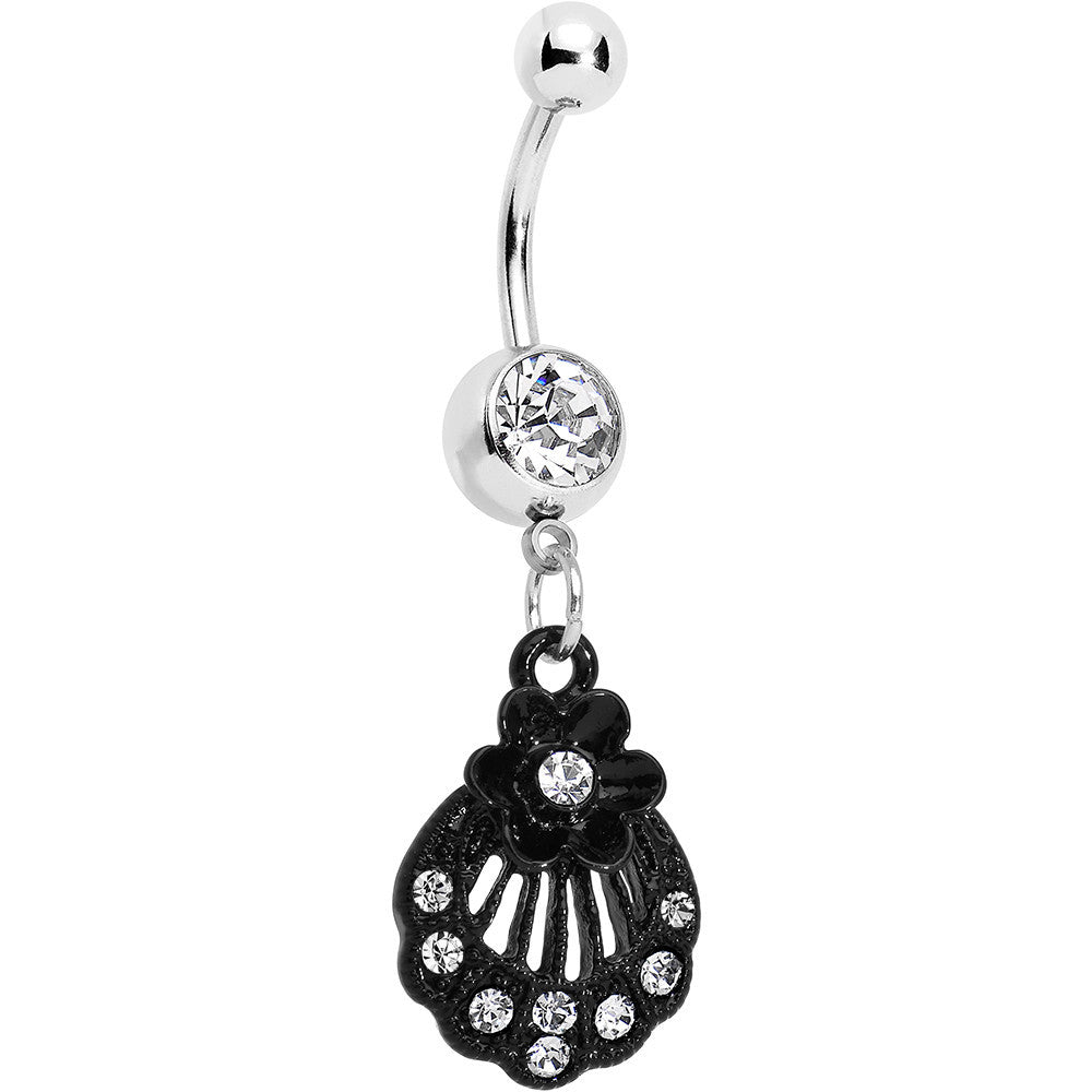 Clear Czech Stone Black Floral Seashell Dangle Belly Ring