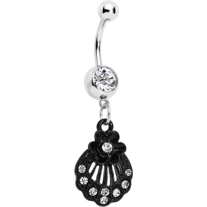 Clear Czech Stone Black Floral Seashell Dangle Belly Ring