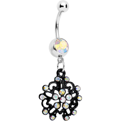 Aurora Czech Stone Black Intricate Snowflake Dangle Belly Ring