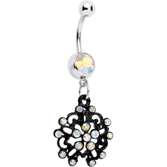 Aurora Czech Stone Black Intricate Snowflake Dangle Belly Ring