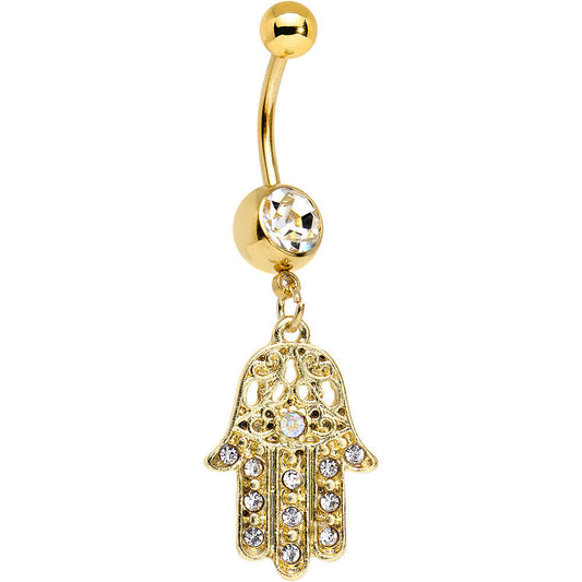 Clear Gem Gold Anodized Hamsa Hand Dangle Belly Ring