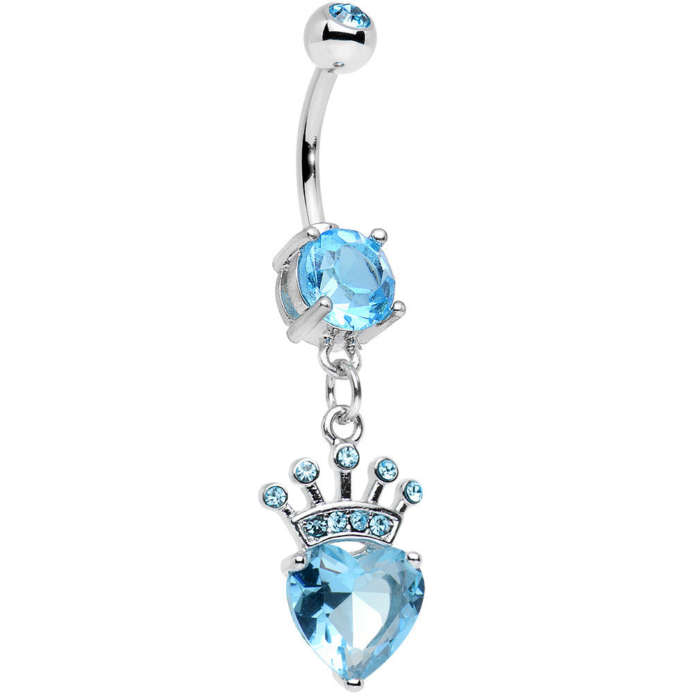 Aqua Gem Claddagh Inspired Heart and Crown Dangle Belly Ring