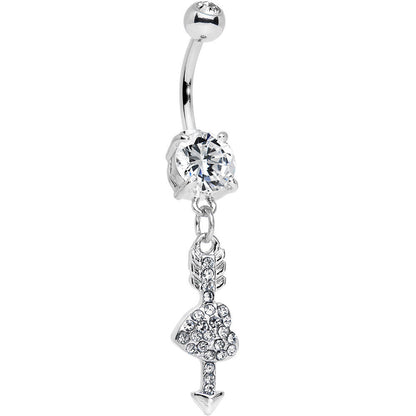 Clear Gem Studded Cupid Arrow Pierced Heart Dangle Belly Ring