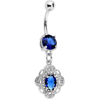 Royal Blue CZ Gem Clear Accent Ornate Ornament Dangle Belly Ring