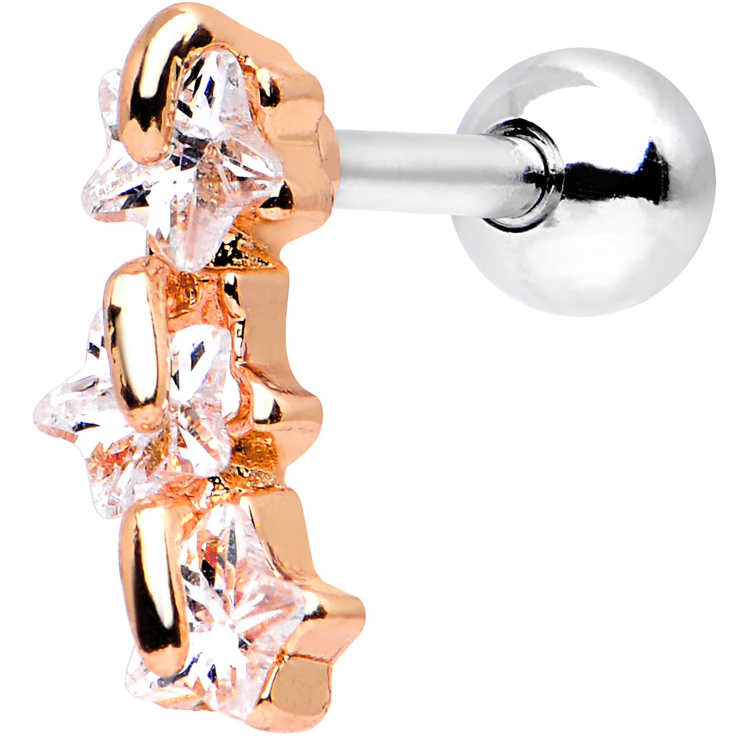 16G 1/4 Steel Clear CZ Rosy Three Star Right Cartilage Earring