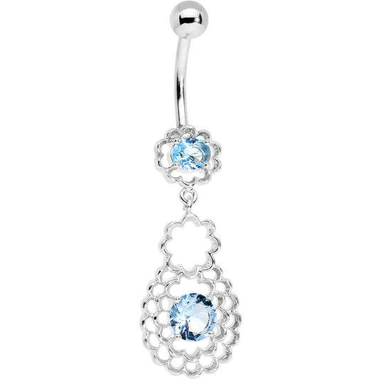 Blue CZ Gem Quatrefoil Layered Flowing Flower Form Dangle Belly Ring