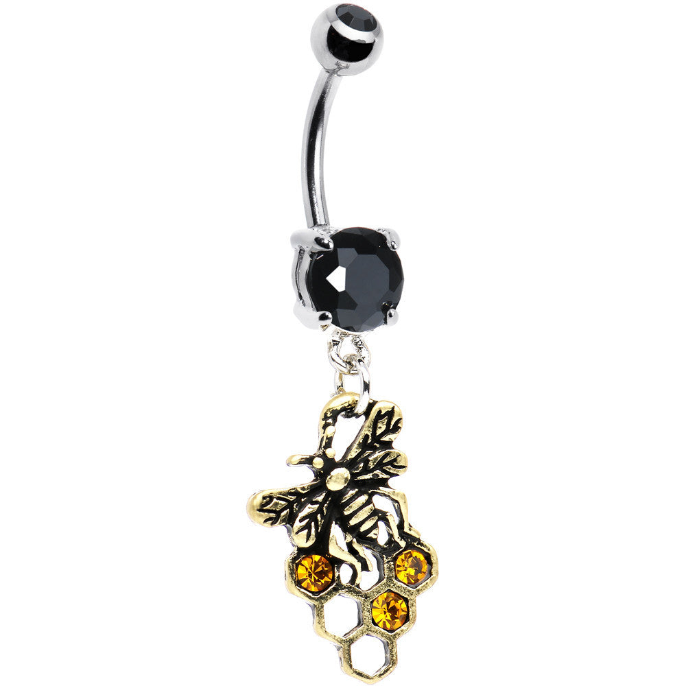 Black and Amber Gem Busy Bee Honeycomb Dangle Belly Ring