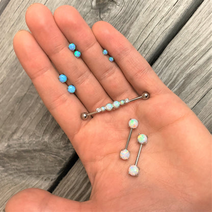 14G 9/16 Stainless Steel White Synthetic Opal Nipple Barbell Set