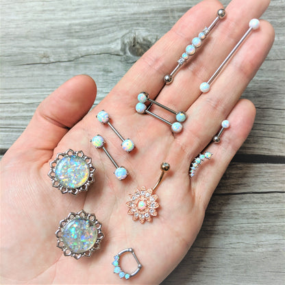 14G 9/16 Stainless Steel White Synthetic Opal Nipple Barbell Set