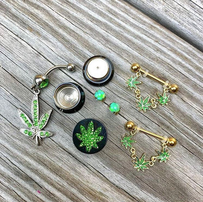 14G 3/4 Green Gold Tone Weed Pot Leaf Dangle Nipple Ring Set