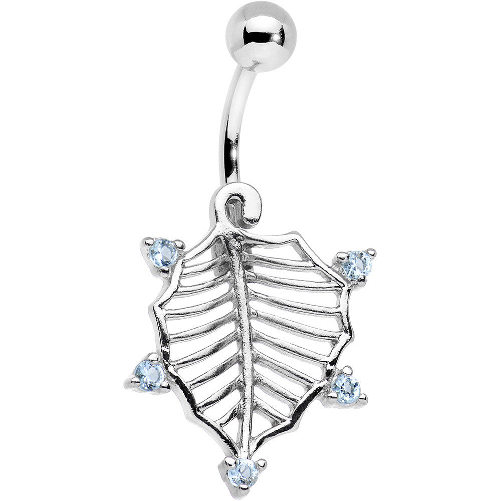 Aqua Cubic Zirconia Steel Skeletal Leaf Dangle Belly Ring