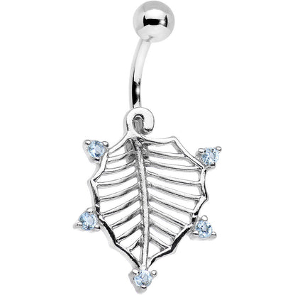 Aqua Cubic Zirconia Steel Skeletal Leaf Dangle Belly Ring