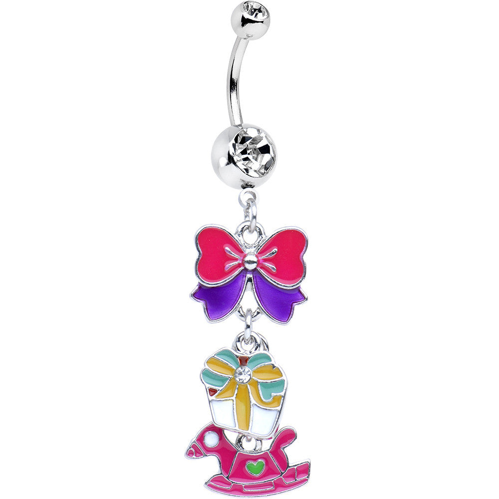 Pink Enamel Rocking Horse and Bow Dangle Belly Ring