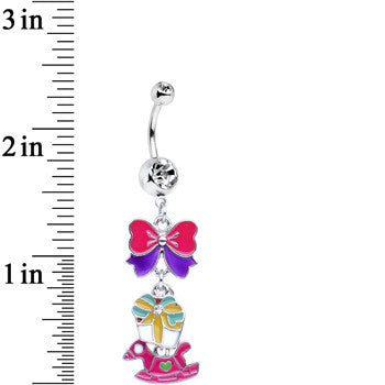 Pink Enamel Rocking Horse and Bow Dangle Belly Ring