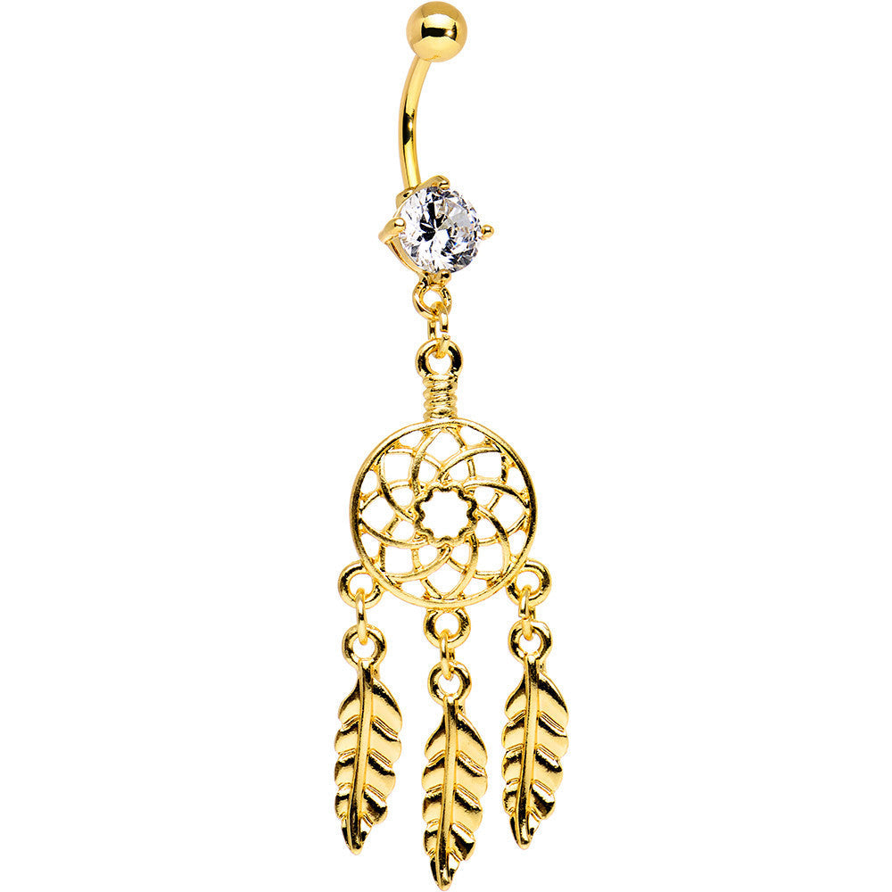 Clear CZ Gold Anodized Dreamcatcher Dangle Belly Ring