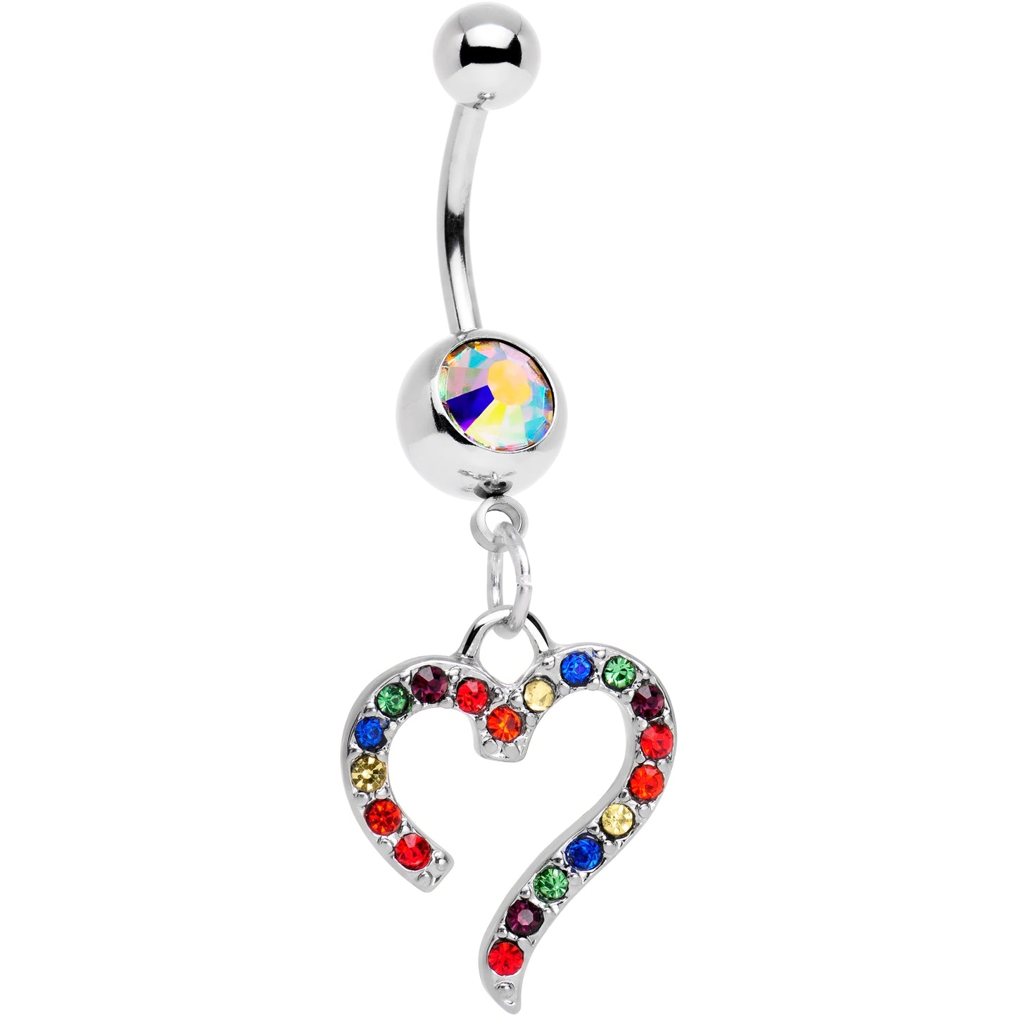 Aurora Gem Stainless Steel Rainbow Heart Dangle Belly Ring