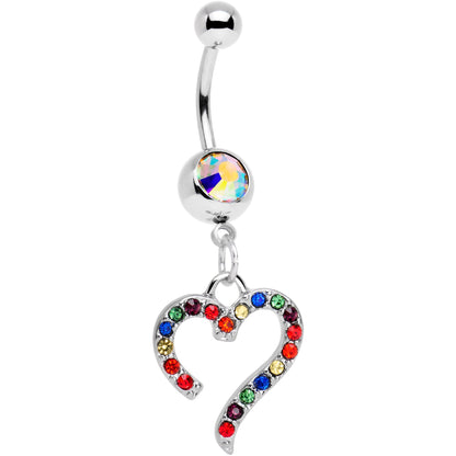 Aurora Gem Stainless Steel Rainbow Heart Dangle Belly Ring