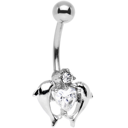 Clear Gem Double Dolphin Heart Bottom Mount Belly Ring